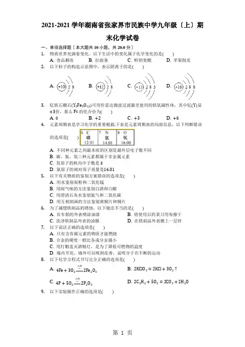 2020-2021学年湖南省张家界市民族中学九年级(上)期末化学试卷