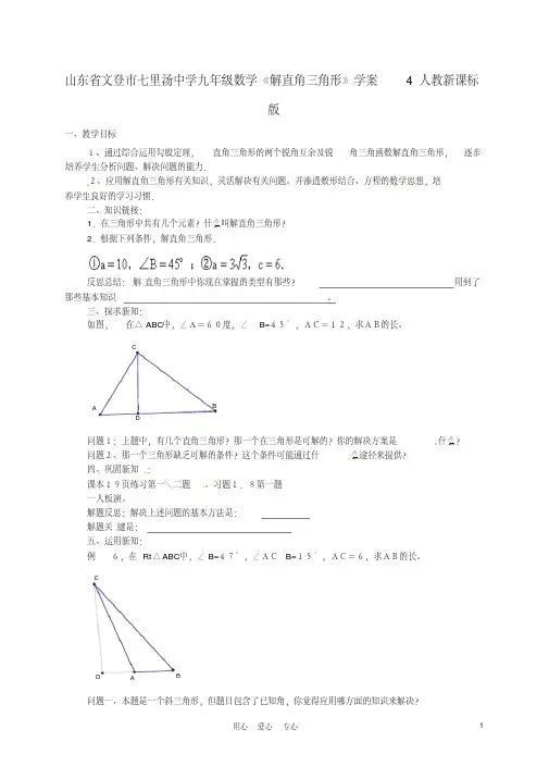 山东省文登市七里汤中学九年级数学《解直角三角形》学案4人教新课标版