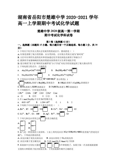 湖南省岳阳市楚雄中学2020-2021学年高一上学期期中考试化学试题