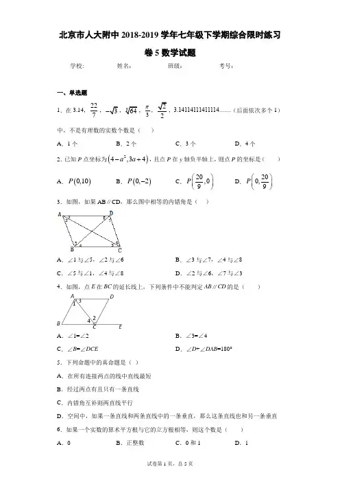 北京市人大附中2018-2019学年七年级下学期综合限时练习卷5数学试题