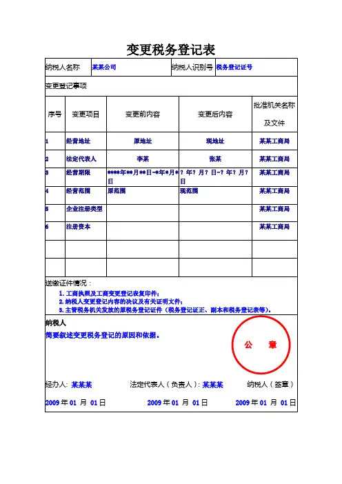 《变更税务登记表》填写范本通用