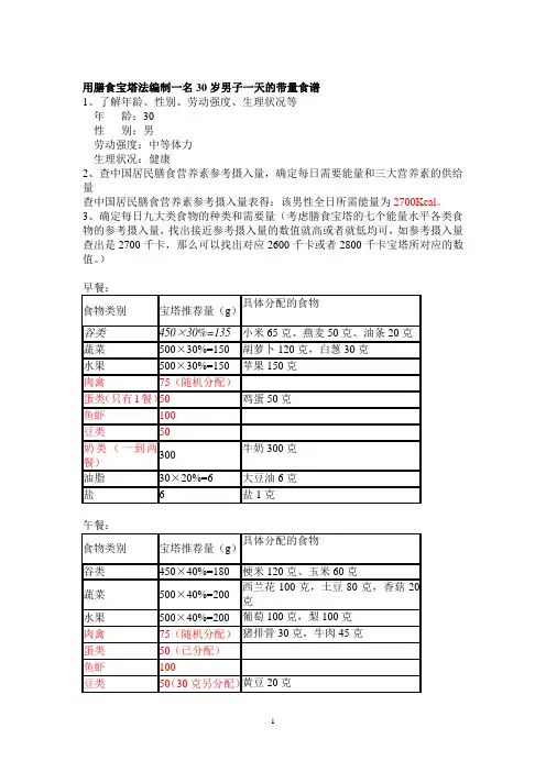 30岁成年男子食谱编制练习参考答案(宝塔法)