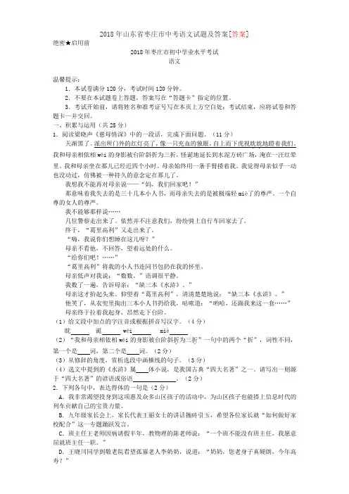 2018年山东省枣庄市中考语文试题及答案[答案]