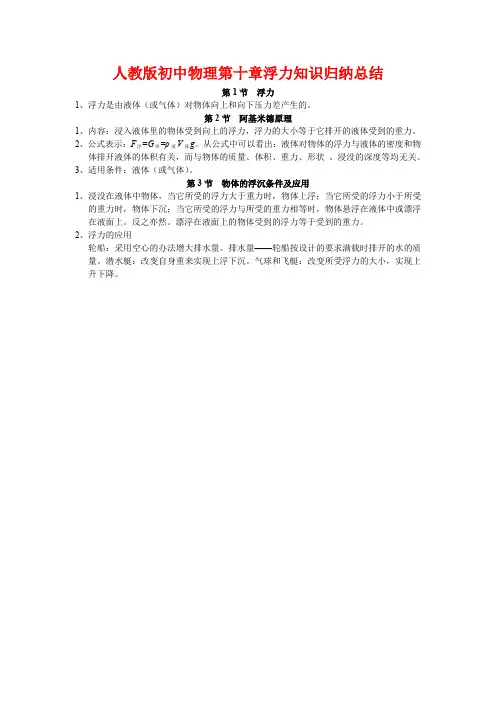 人教版初中物理第十章浮力知识归纳总结