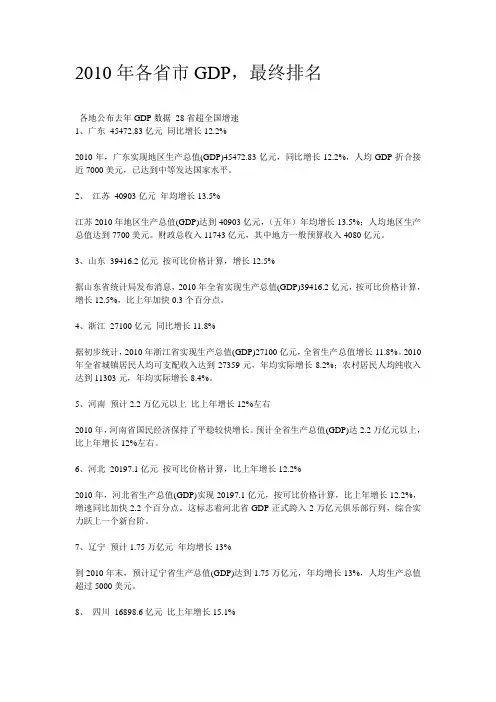 2010年31个省市GDP排名