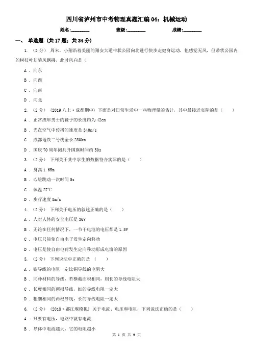 四川省泸州市中考物理真题汇编04：机械运动