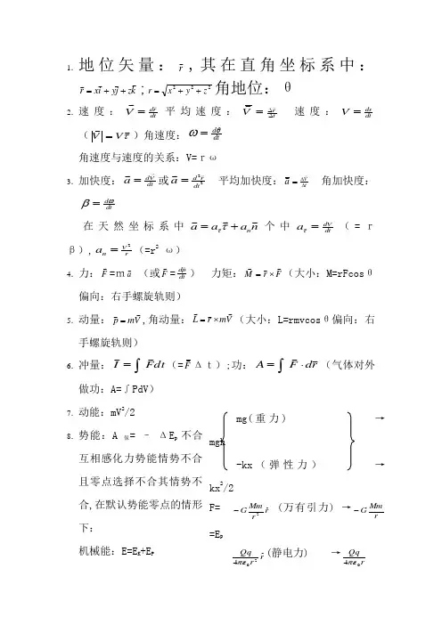大学普通物理公式大全