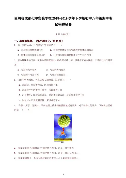 人教版四川省成都七中实验学校2018-2019学年下学期初中八年级期中考试物理试卷