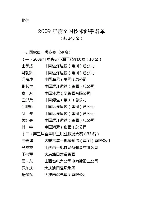 2009年度全国技术能手名单