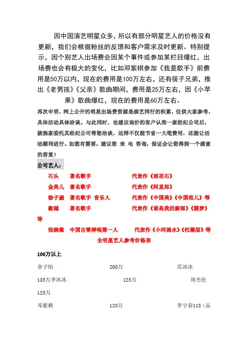 2019年-2019年演艺明星艺人出场费参考价准确靠谱共20页