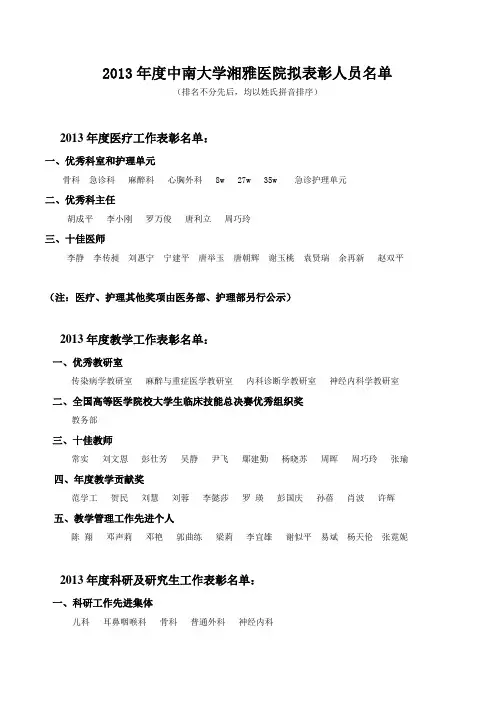 2013年度中南大学湘雅医院拟表彰人员名单
