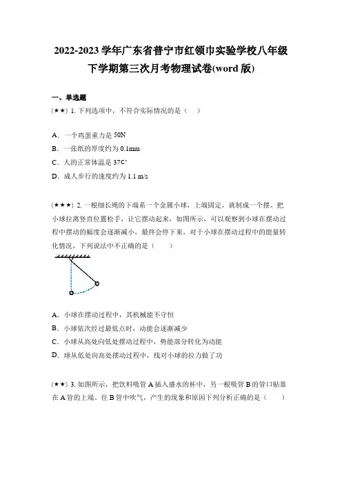 2022-2023学年广东省普宁市红领巾实验学校八年级下学期第三次月考物理试卷(word版)