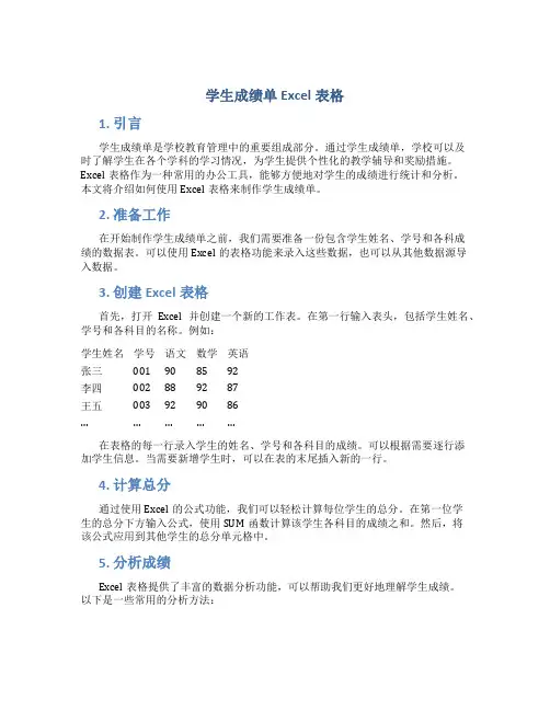 学生成绩单excel表格