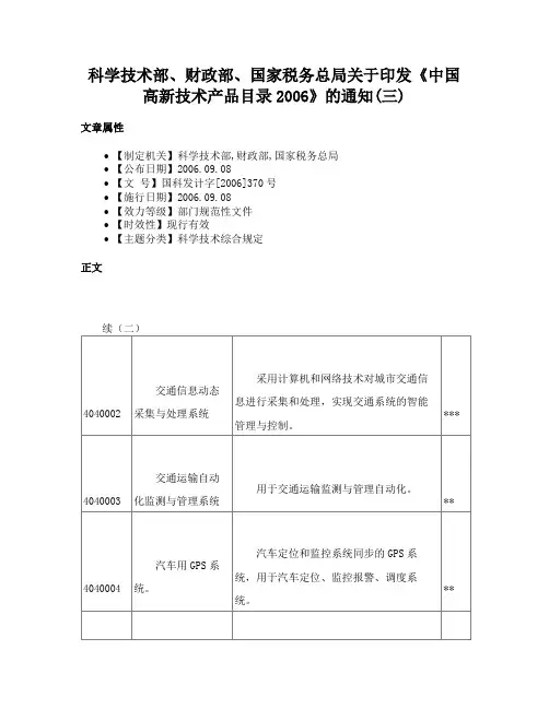 科学技术部、财政部、国家税务总局关于印发《中国高新技术产品目录2006》的通知(三)