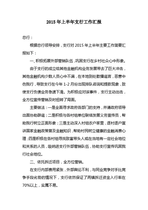 支行2015年上半年主要工作汇报