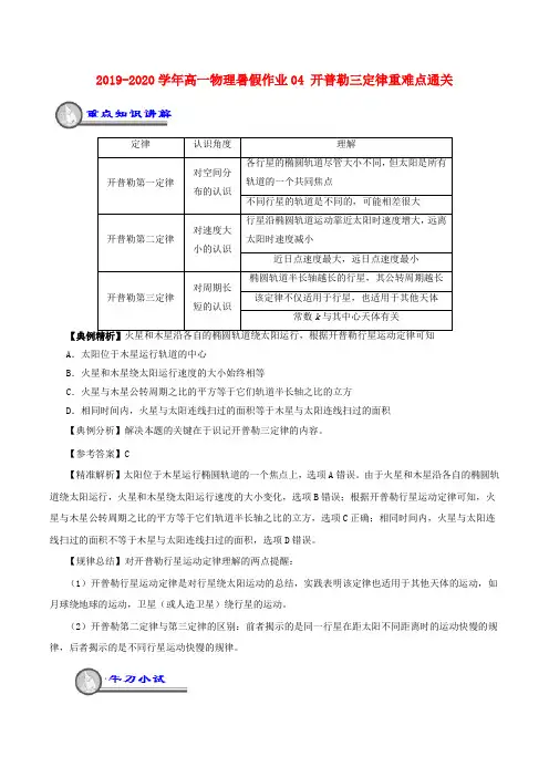2019-2020学年高一物理暑假作业04 开普勒三定律重难点通关.doc