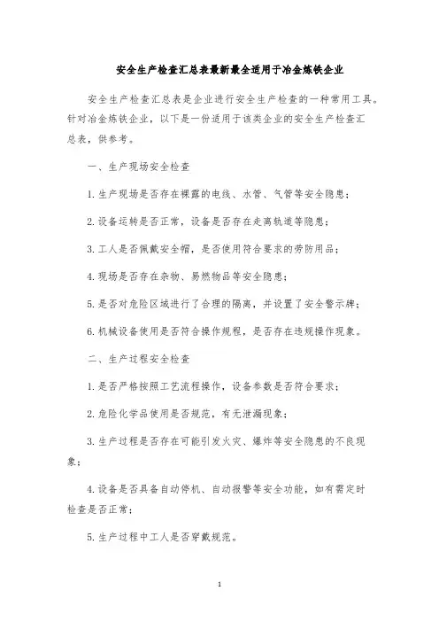 安全生产检查汇总表最新最全适用于冶金炼铁企业