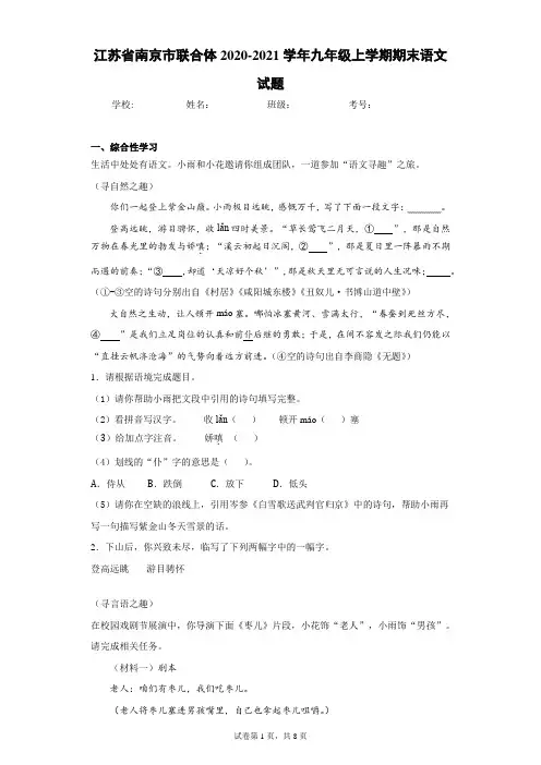江苏省南京市联合体2020-2021学年九年级上学期期末语文试题(含答案解析)