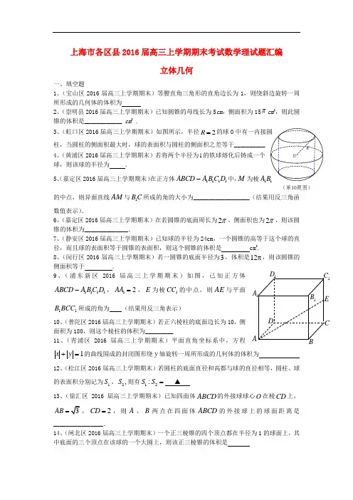 上海市各区县高三数学上学期期末考试试题汇编 立体几