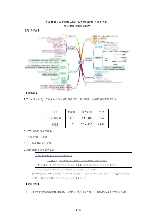 图解教材_2016-2017学年上人教版高中生物必修3(思维导图-微试题)2.2通过激素的调节