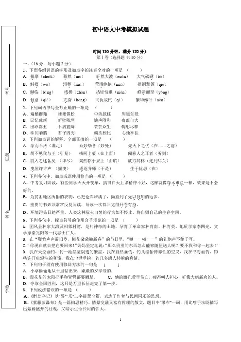 初中语文中考模拟试题含答案