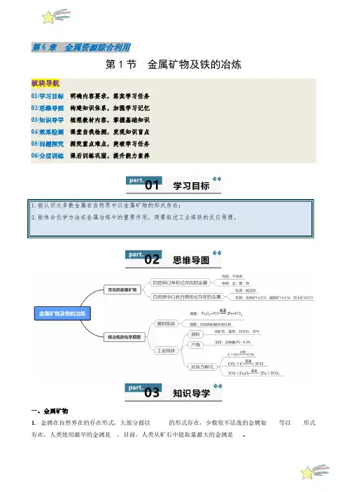 6.1金属矿物及铁的冶炼(学生版)2024--2025学年沪教版(上海)九年级化学上册第4章同步练习