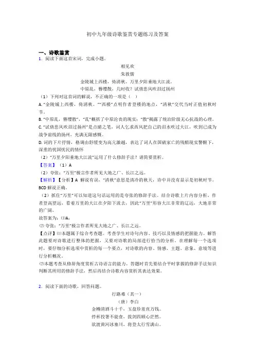 初中九年级诗歌鉴赏专题练习及答案