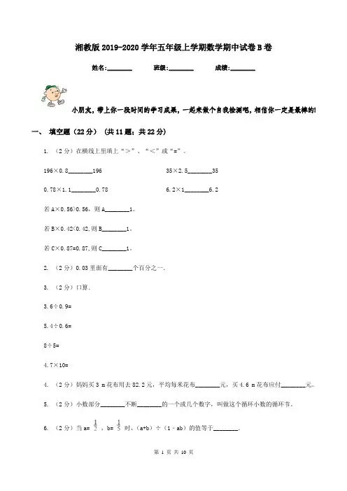 湘教版2019-2020学年五年级上学期数学期中试卷B卷