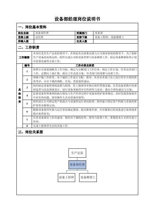 设备部经理岗位说明书