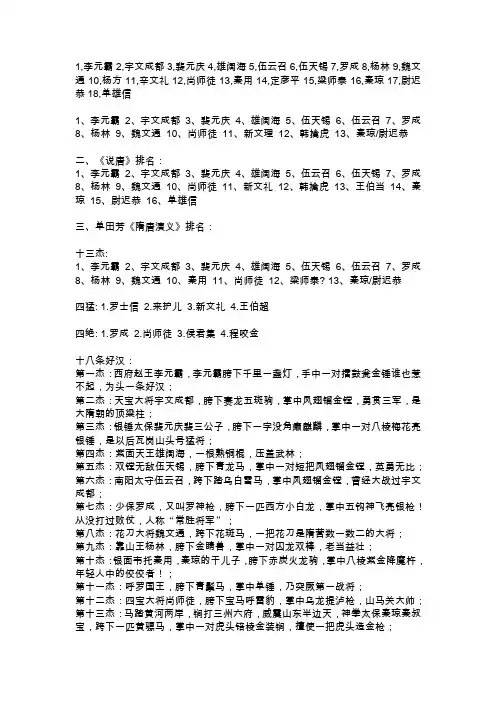 隋唐英雄排名