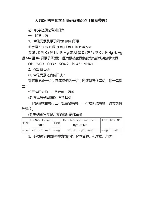 人教版-初三化学全册必背知识点【最新整理】