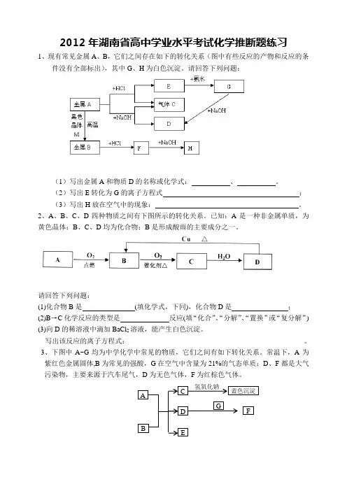 2012年湖南省高中学业水平考试化学推断题练习