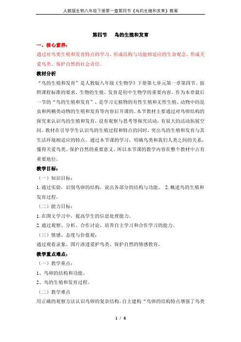 人教版生物八年级下册第一章第四节《鸟的生殖和发育》教案