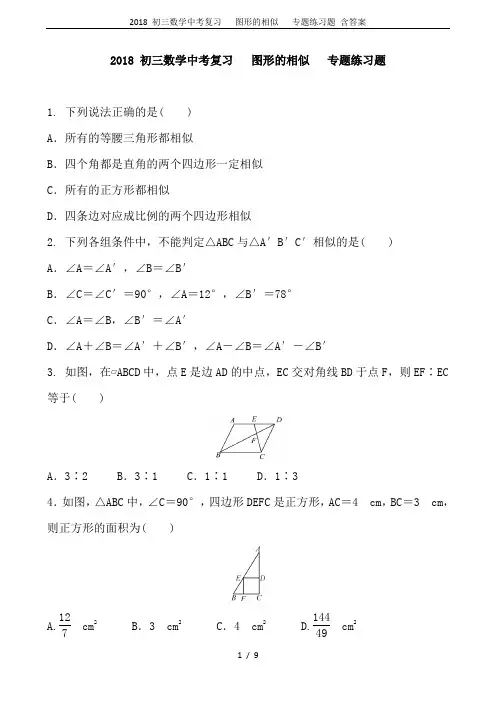 2018 初三数学中考复习   图形的相似   专题练习题 含答案