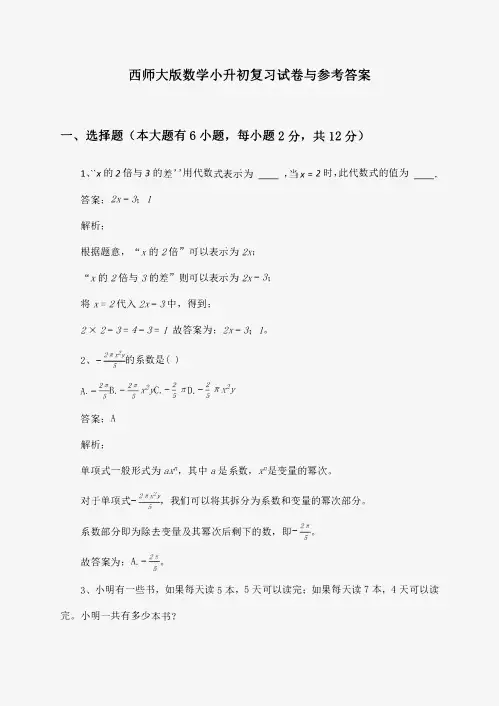 西师大版数学小升初复习试卷与参考答案