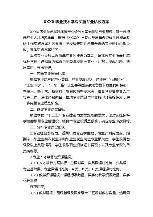 XXXX职业技术学院实施专业诊改方案