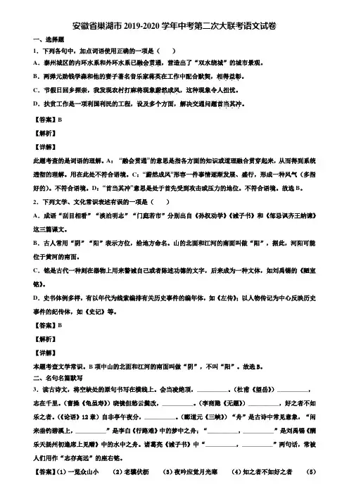 安徽省巢湖市2019-2020学年中考第二次大联考语文试卷含解析