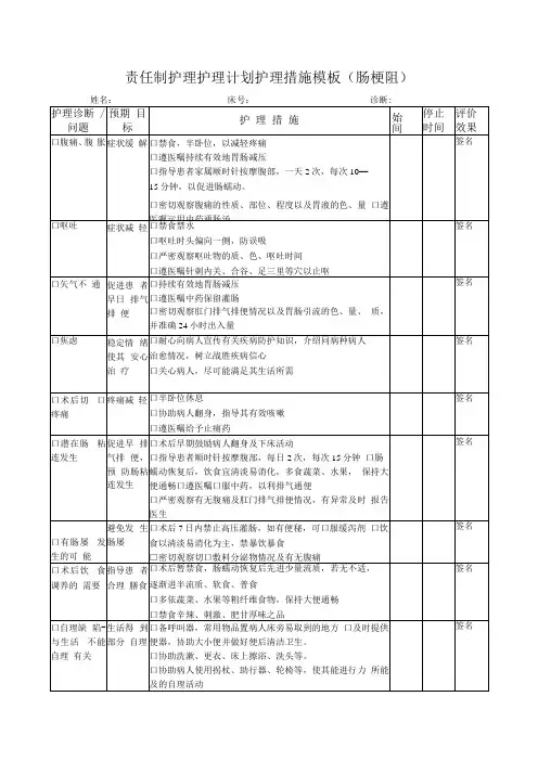 肠梗阻护理计划护理措施模板
