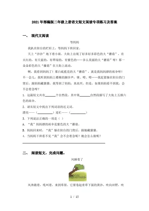 2021年部编版二年级上册语文短文阅读专项练习及答案