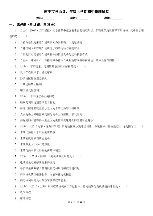 南宁市马山县九年级上学期期中物理试卷