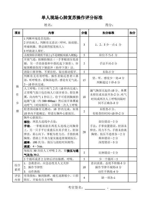 单人心肺复苏评分标准