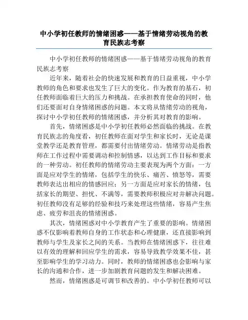 中小学初任教师的情绪困惑——基于情绪劳动视角的教育民族志考察