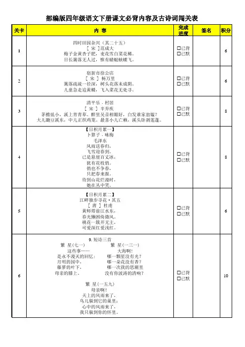 部编版四年级语文下册课文必背内容及古诗词闯关表
