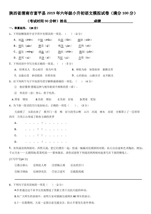 六年级下册语文试题-小升初语文模拟试卷 2019年陕西省渭南市富平县 北师大版(含答案)