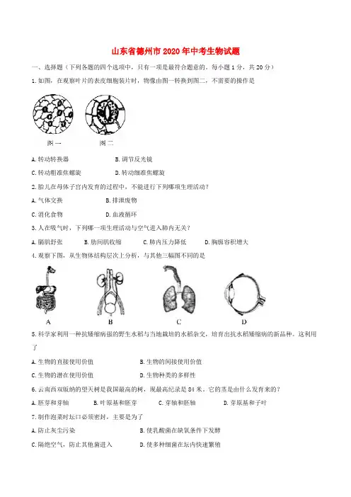 山东省德州市2020年中考生物真题试题(含答案)(1)