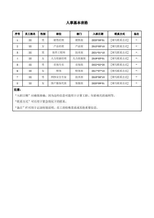 人事基本表格