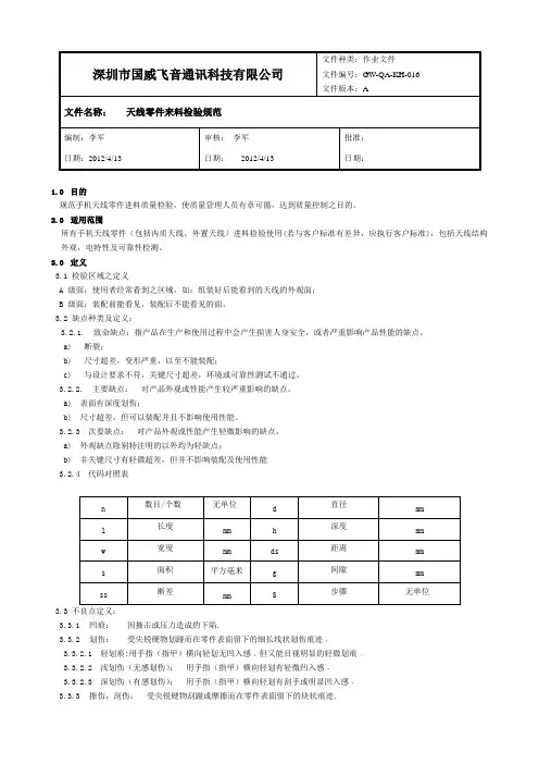 天线零件来料检验规范