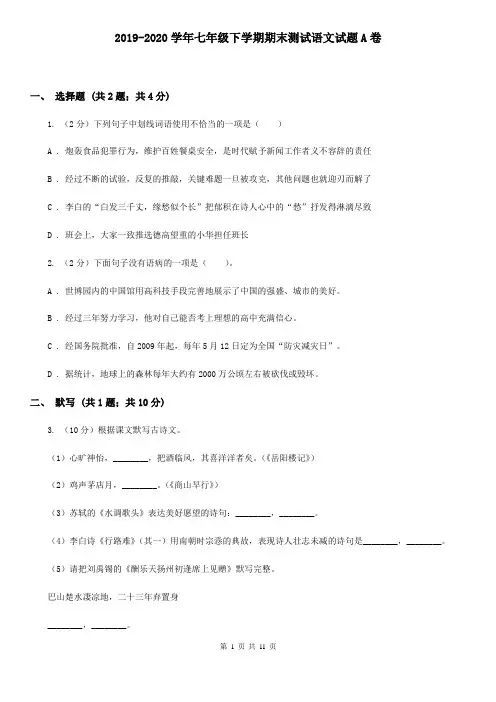 2019-2020学年七年级下学期期末测试语文试题A卷
