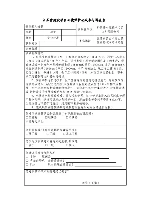 江苏省建设项目环境保护公众参与调查表
