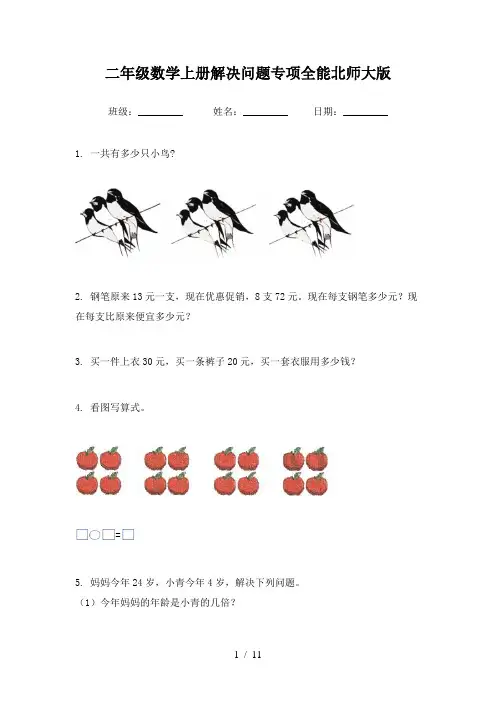 二年级数学上册解决问题专项全能北师大版
